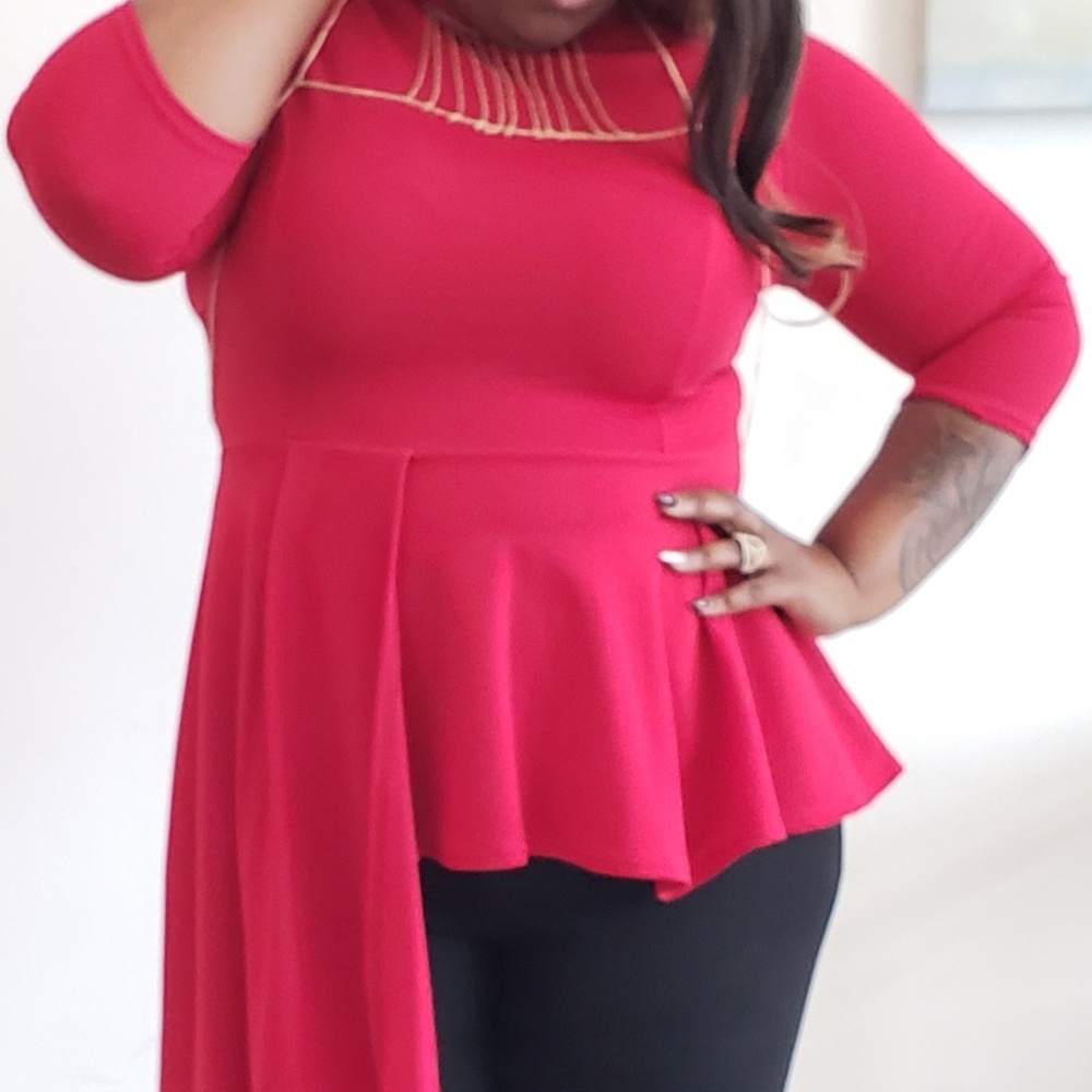 Plus Size Red Asymmetrical Peplum 3/4 Sleeve Top